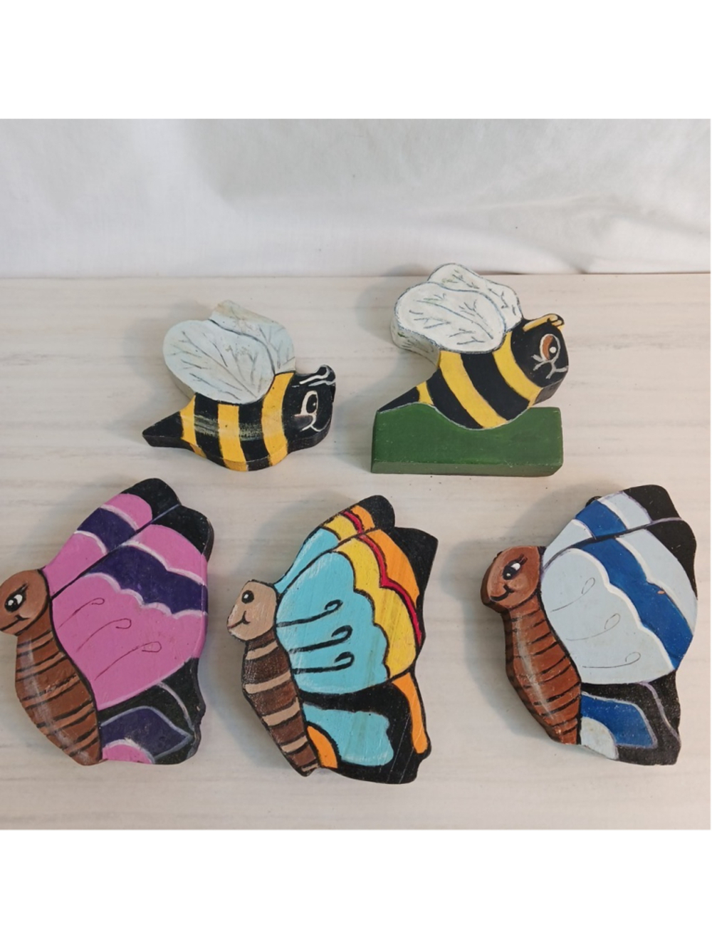 Folk Naive Art Handcrafted Butterfly Bee Wood Plaques Set Of 5 Vintage